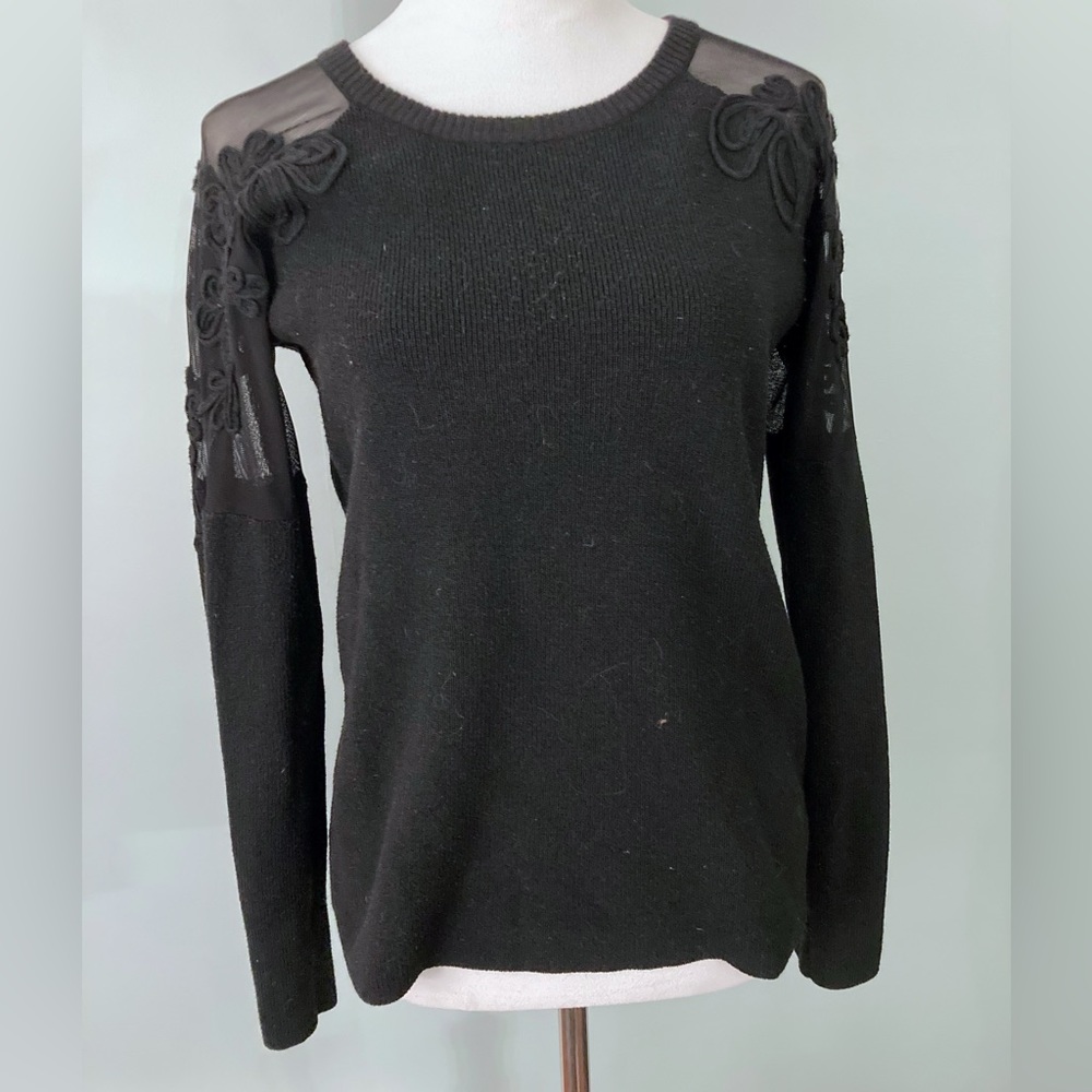 URBINO Black Crewneck Ribbed Sweater with Embellished Mesh Shoulders